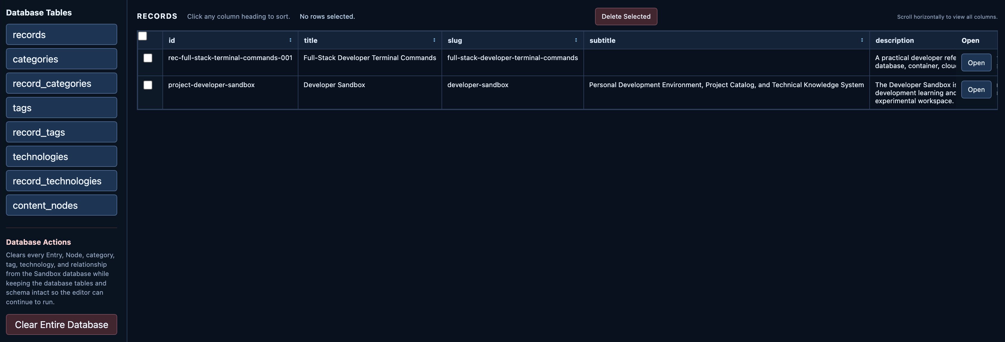 Sandbox database view showing records and related database tables