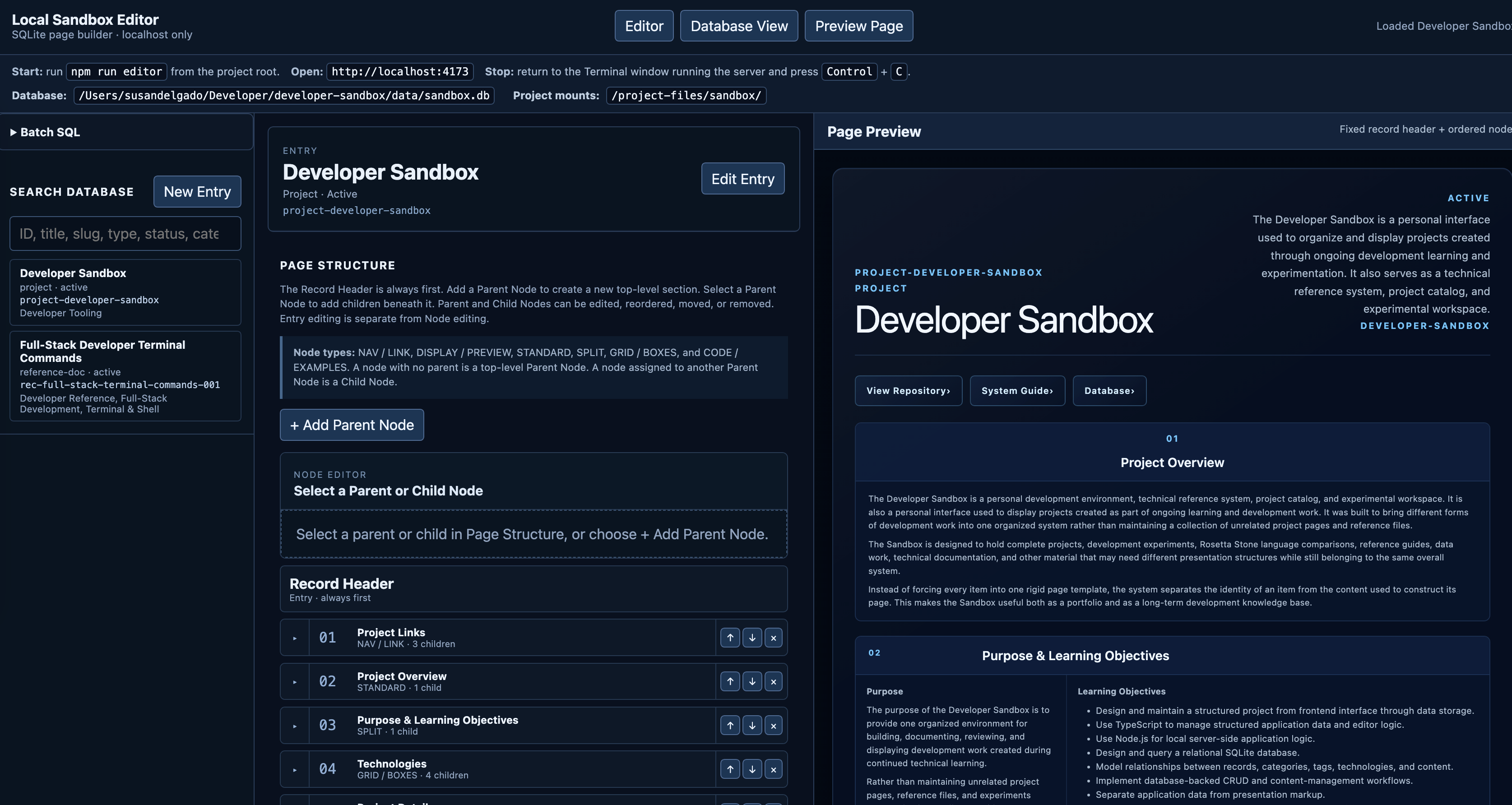 Sandbox database view showing records and related database tables