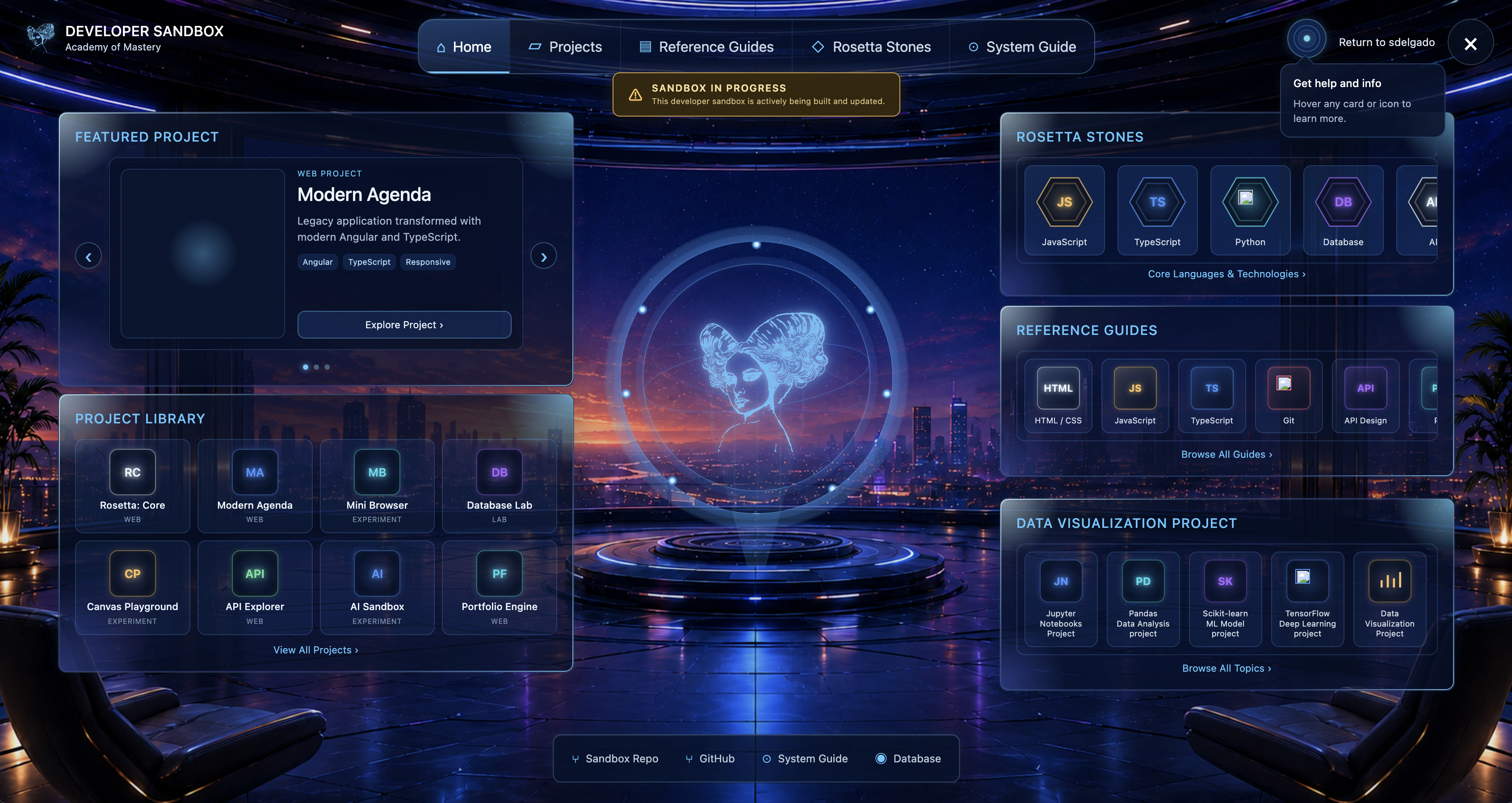 Developer Sandbox interface showing the project library, reference guides, Rosetta Stones, and featured project areas